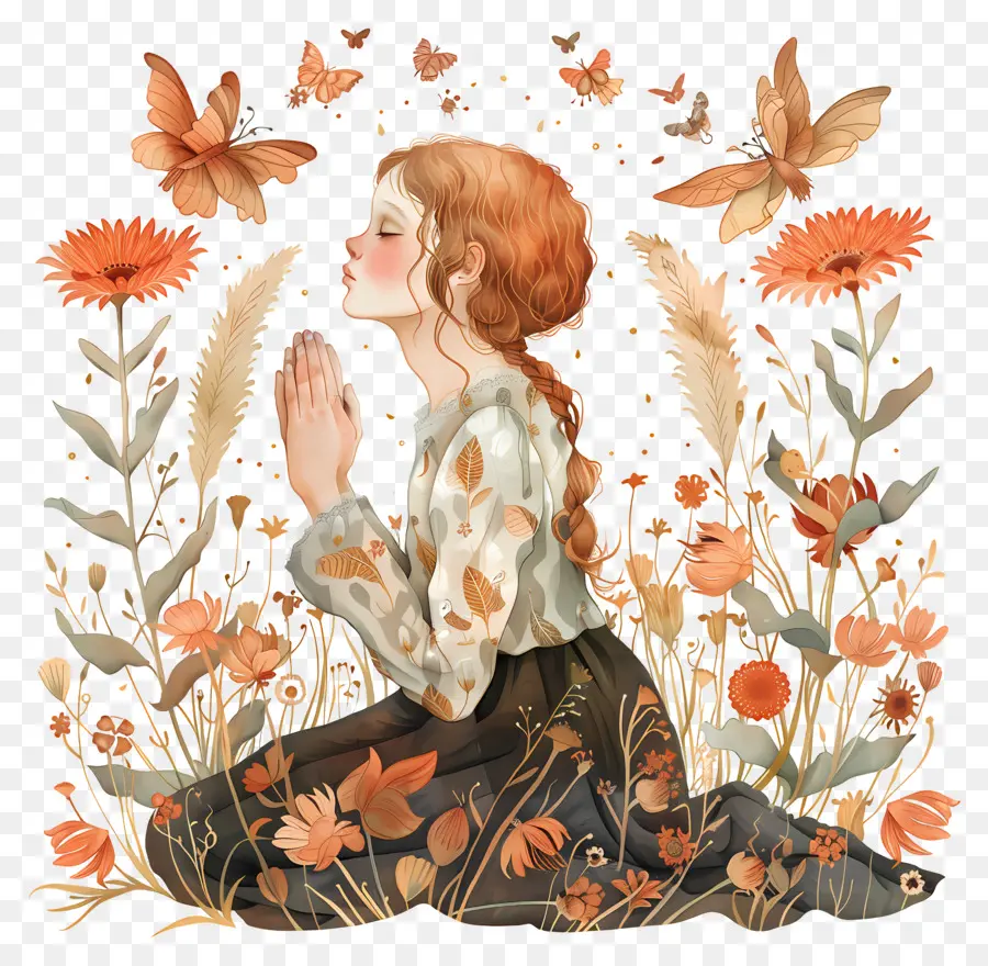 Tag des Gebets Mädchen Feld Schmetterlinge Blumen - Mädchen im Feld umgeben von Schmetterlingen