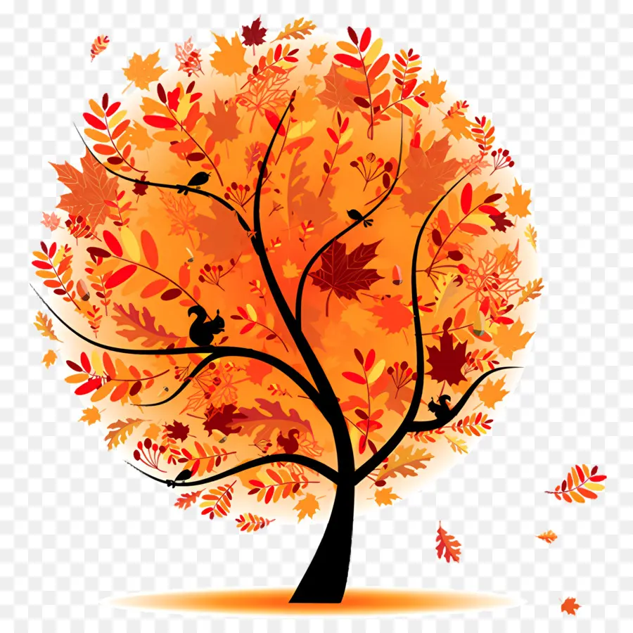 Herbst Baum - Fallbaum mit fallenden Blättern und Vogel