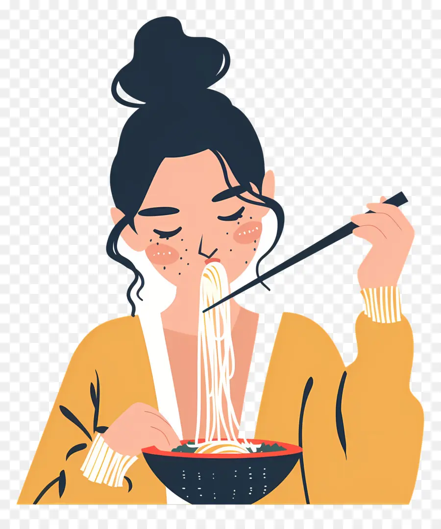 Essen Nudeln Nudeln asiatische Küche Essstäbchen essen - Frau, die in gemütlicher Umgebung friedlich Nudeln genießt