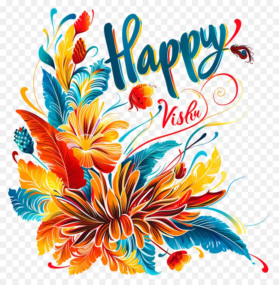 happy vishu floral composition vibrant colors whimsical design leaves and flowers