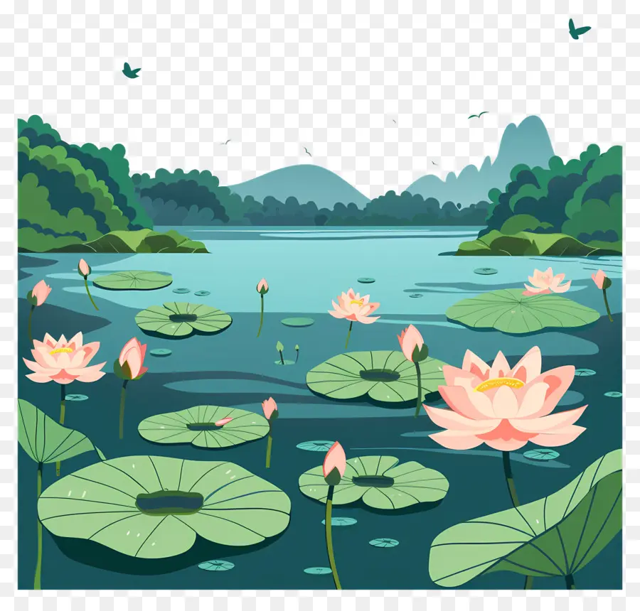 Lago con lago di loto vegetazione cristallina di vegetazione - Lago sereno con fiori di loto e vegetazione lussureggiante