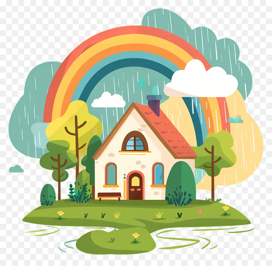 rainy landscape rural home house drawing grassy island rainbow background