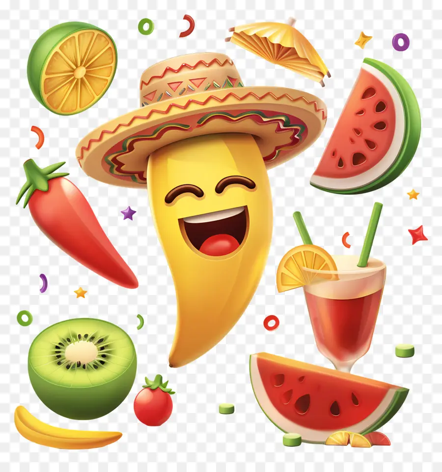 Mũ - Happy chuối mặc sombrero được bao quanh bởi trái cây