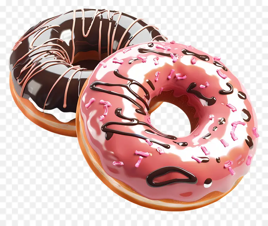 Glasierte Donuts Schokoladen -Donut rosa Sprinkles Gebäckglasur - Zwei Schokolade und rosa Donuts mit Glasur