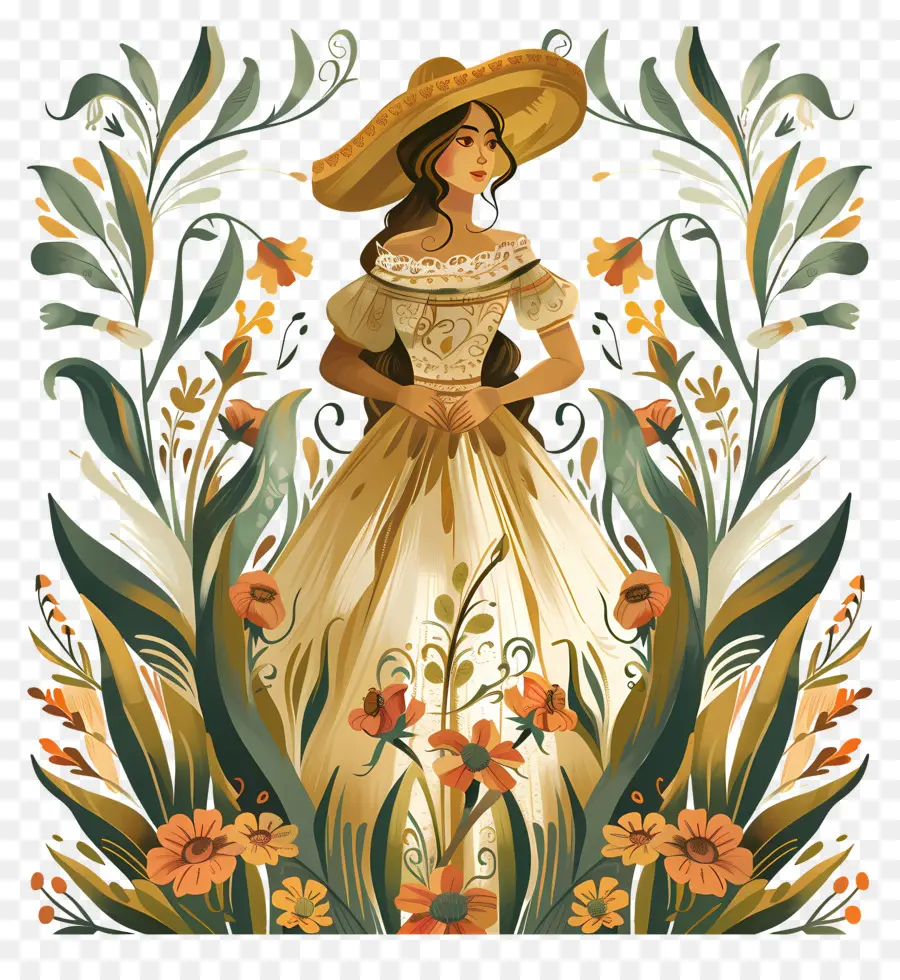 Cinco de Mayo Frau in Gartenpflanzen Blumen weißes Kleid - Frau im Garten, in Gedanken verloren