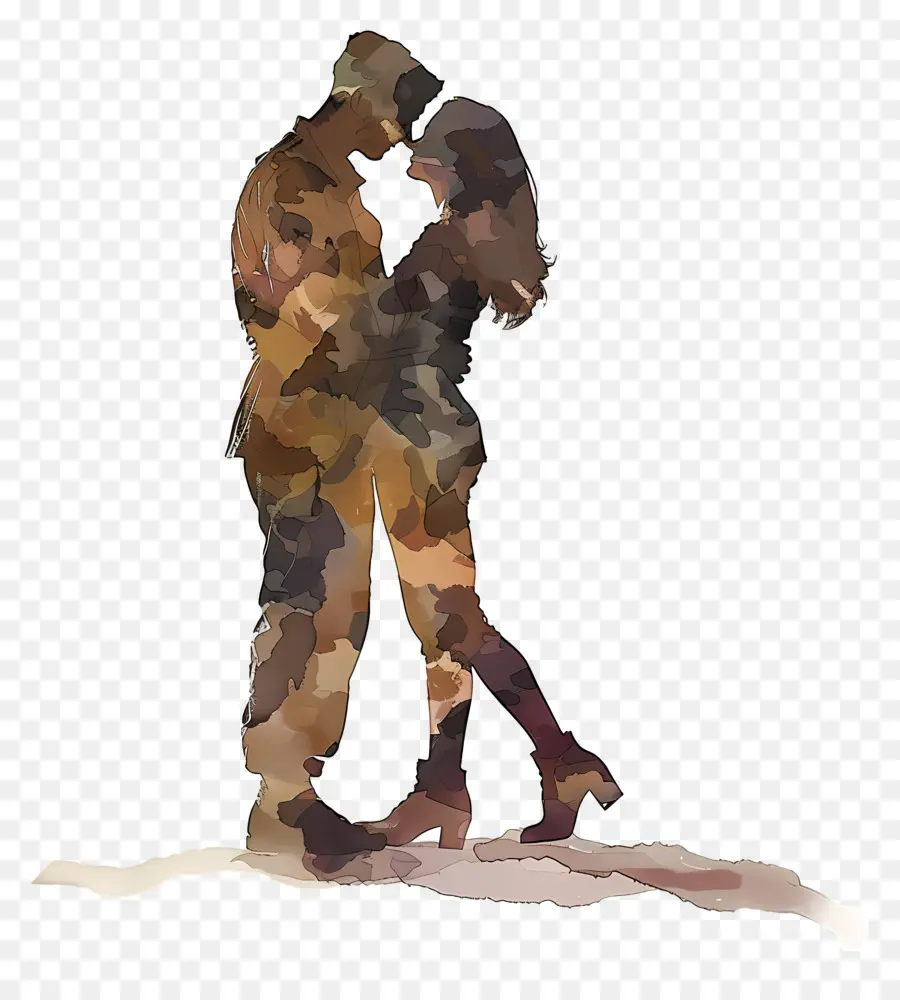 pittura digitale Soldato moglie abbraccia l'attrezzatura mimetica - Soldato e moglie abbracciano sotto il cielo stellato