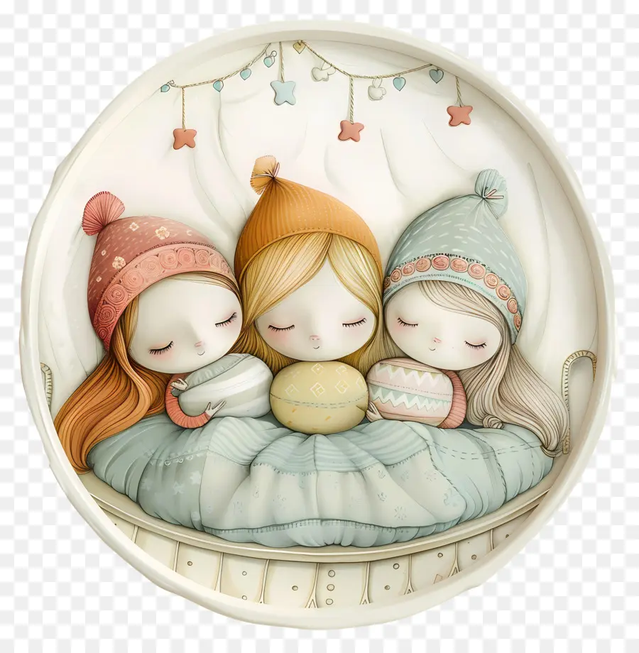 Sleepover Day Kinder Schlafenszeit Spielzeug gemütlich - Drei Mädchen im Bett mit Spielzeug
