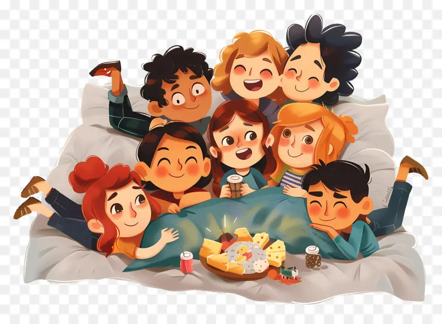 Giornata del pigiama party social raccolta amici cibo e bevande rilassamento - Gruppo godendo cibo e bevande sul letto