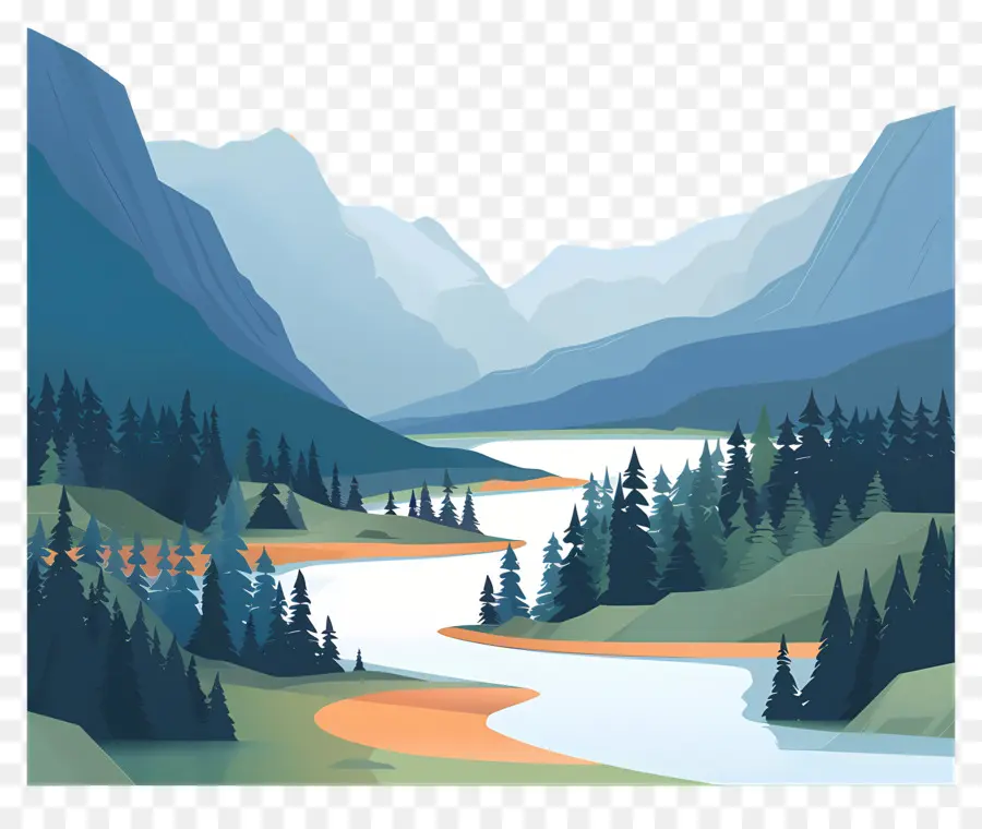 alberi sempreverdi del paesaggio del fiume Highland River Mountain - Tranquillo paesaggio di montagna con fiumi e alberi