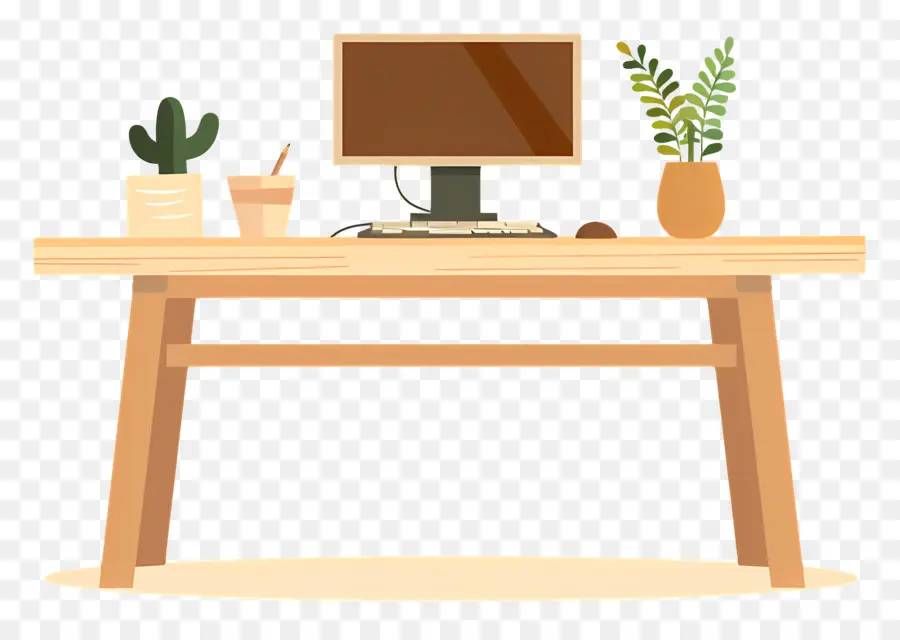 scrivania in legno da scrivania vegetale in legno - Scrivania con computer, impianto e oggetti