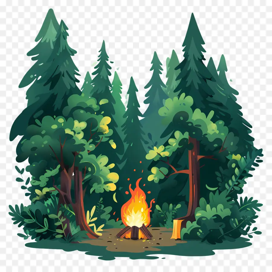 Waldlagerwald Nacht Feuerbäume - Nachtwald mit Zentralfeuer, Pfad, Hügel