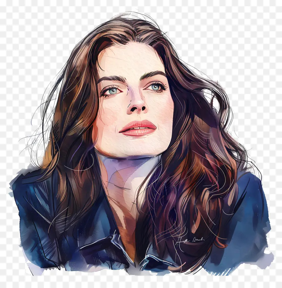 Anne Hathaway Digital Art Woman Langes Haarwellige Haare - Digitales Kunstwerk der Frau in der Denimjacke