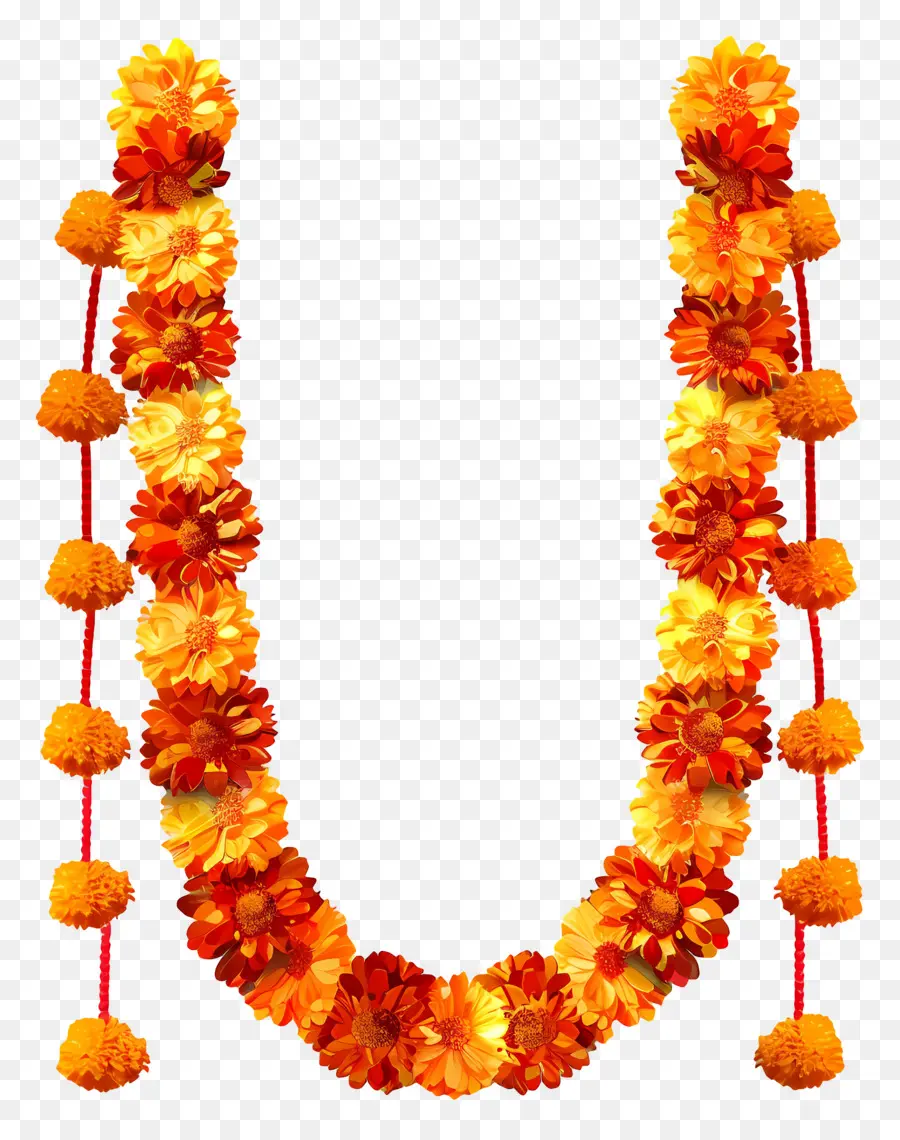 Blumenschmuck - Verzierte Girlande mit orange/gelben Blüten aufgehängt