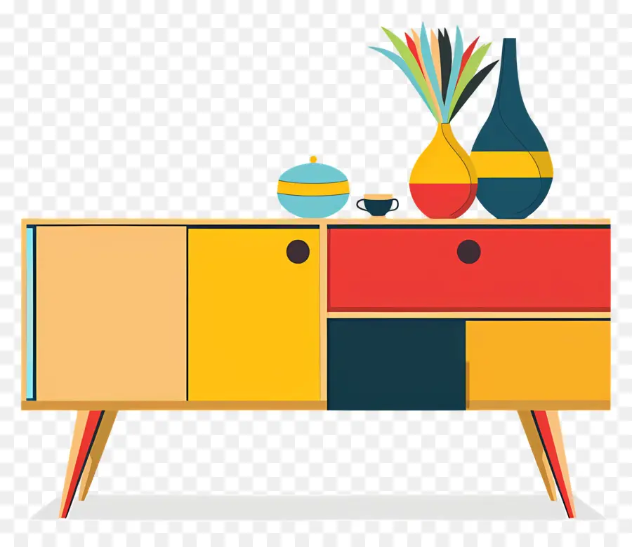 sideboard vintage sideboard motivi colorati vasi fiori - Sideboard vintage colorata con vasi non corrispondenti