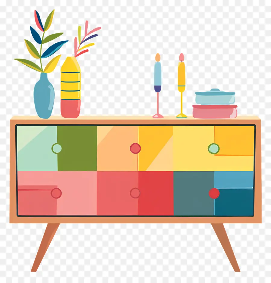 sideboard wooden chest of drawers rainbow colors vases candles
