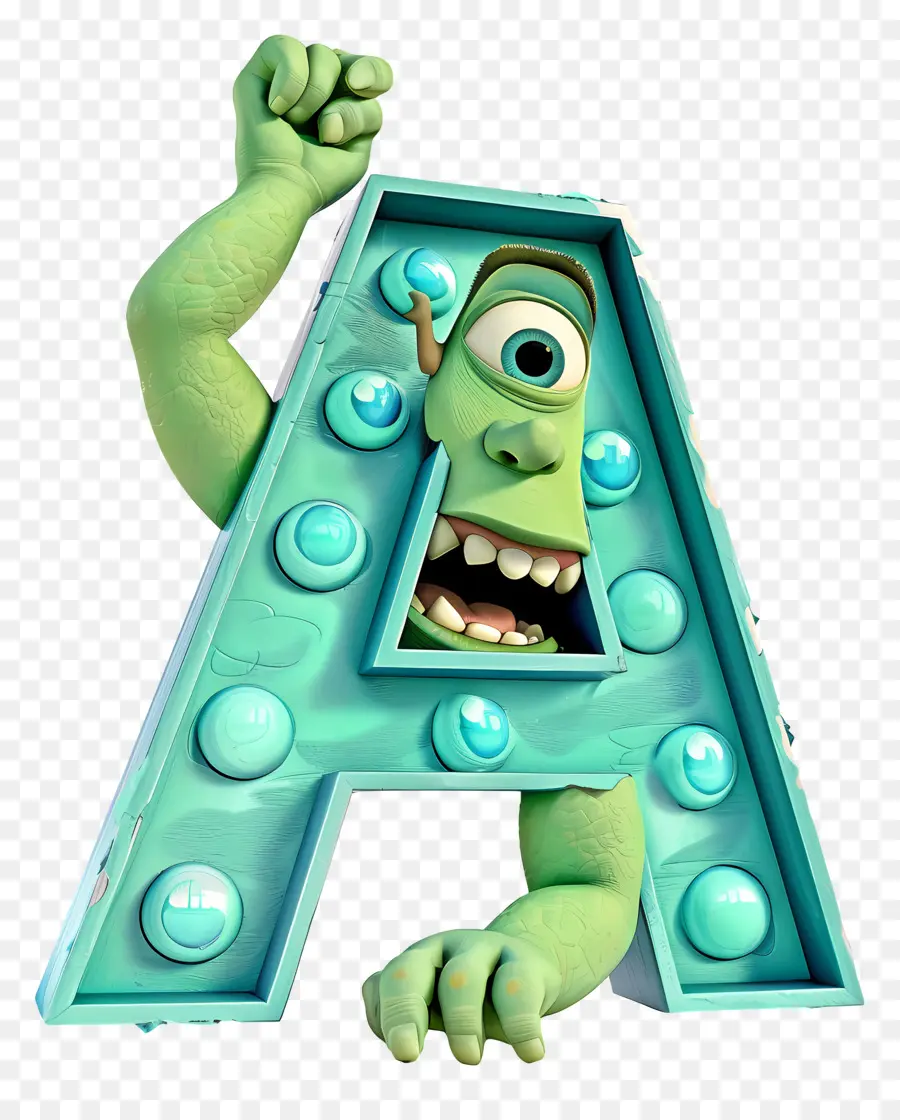 3D -Cartoon Alphabet Brief Animierter Charakter Monster Blue Eyes große Zähne - Blauäugiger Monster mit überraschtem Ausdruck, dunkler Hintergrund