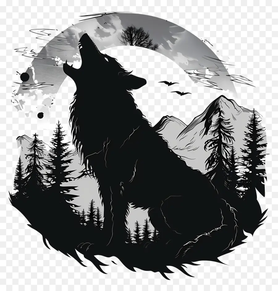 Wolf Silhouette Wolf Mond Schwarz -Weiß -Wildtiere - 