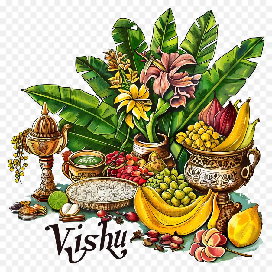 Happy Vishu Fruits Rau chuối táo - Nhiều loại trái cây, rau, các loại hạt, gia vị được hiển thị