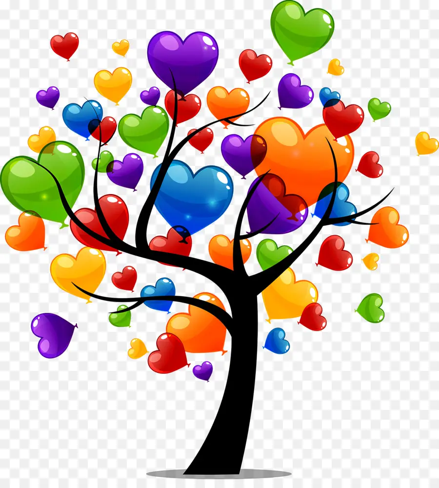 Ama i colori dei cuori degli alberi del cuore - Cuori colorati appesi da forti rami dell'albero