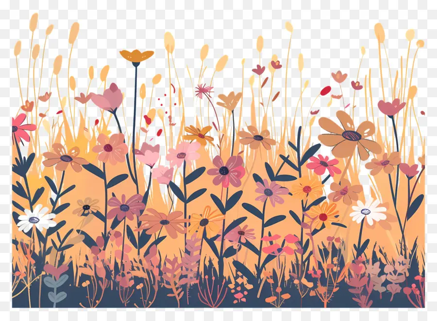 Blumenfeld Hintergrund Wildblumen handgezeichnete Illustration Feld bunt - Handgezeichnete farbenfrohe Wildblumenfeld-Illustration