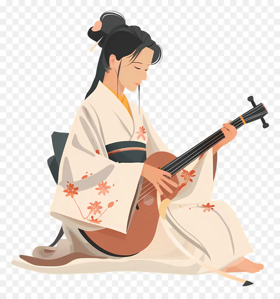 chitarra - Donna in abbigliamento giapponese suonando strumento a corda