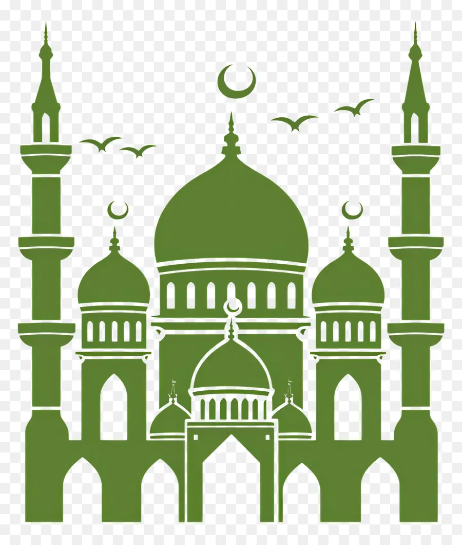 Nhà Thờ Hồi Giáo Bóng - Nhà thờ Hồi giáo với mái vòm, tháp, cây cọ, chim