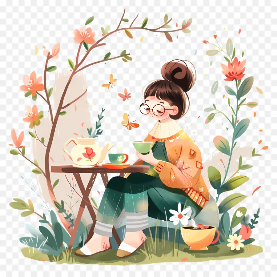 Tee party - Frau auf Gras mit Tee und Blumen