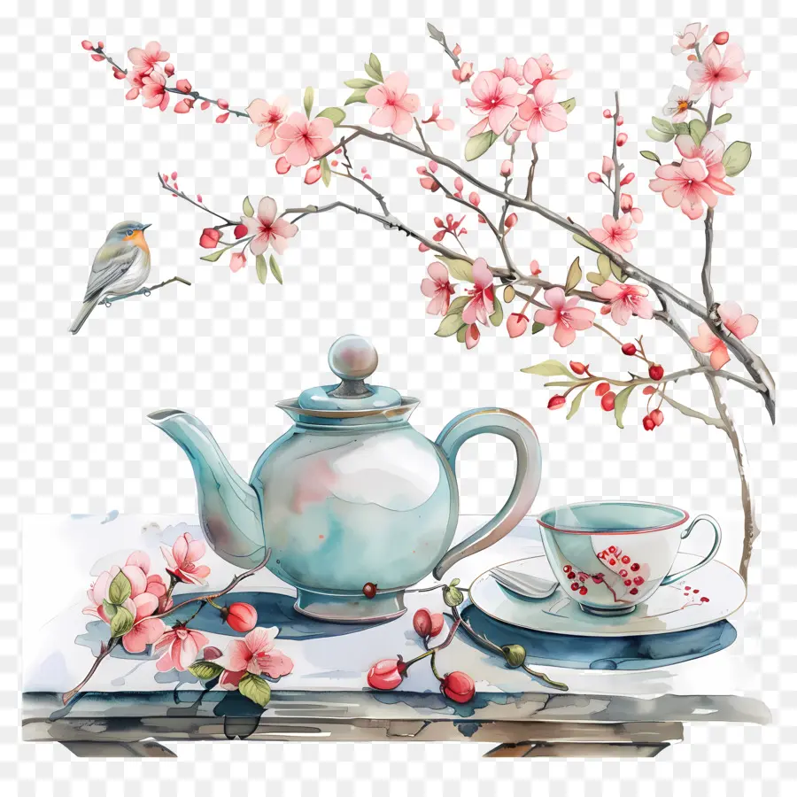 Kirschbaum - Tee auf dem Tisch mit Kirschblüten gesetzt