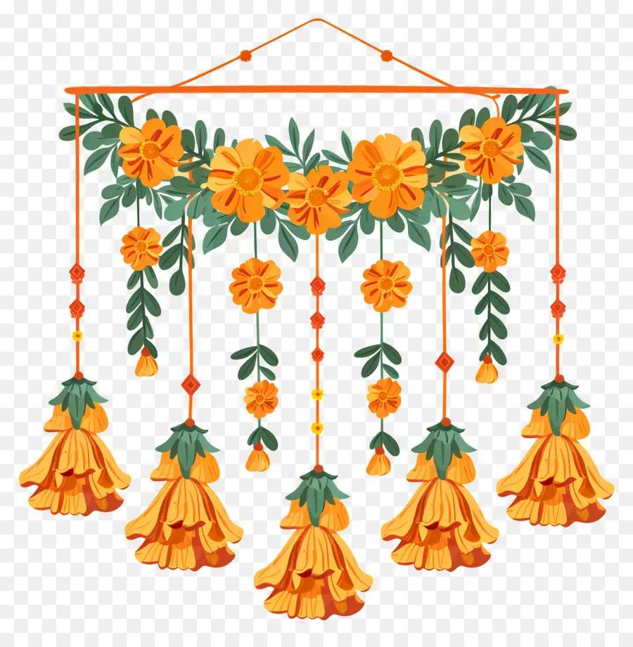 marigold toran hanging tapestry orange flowers clusters blowing in the wind