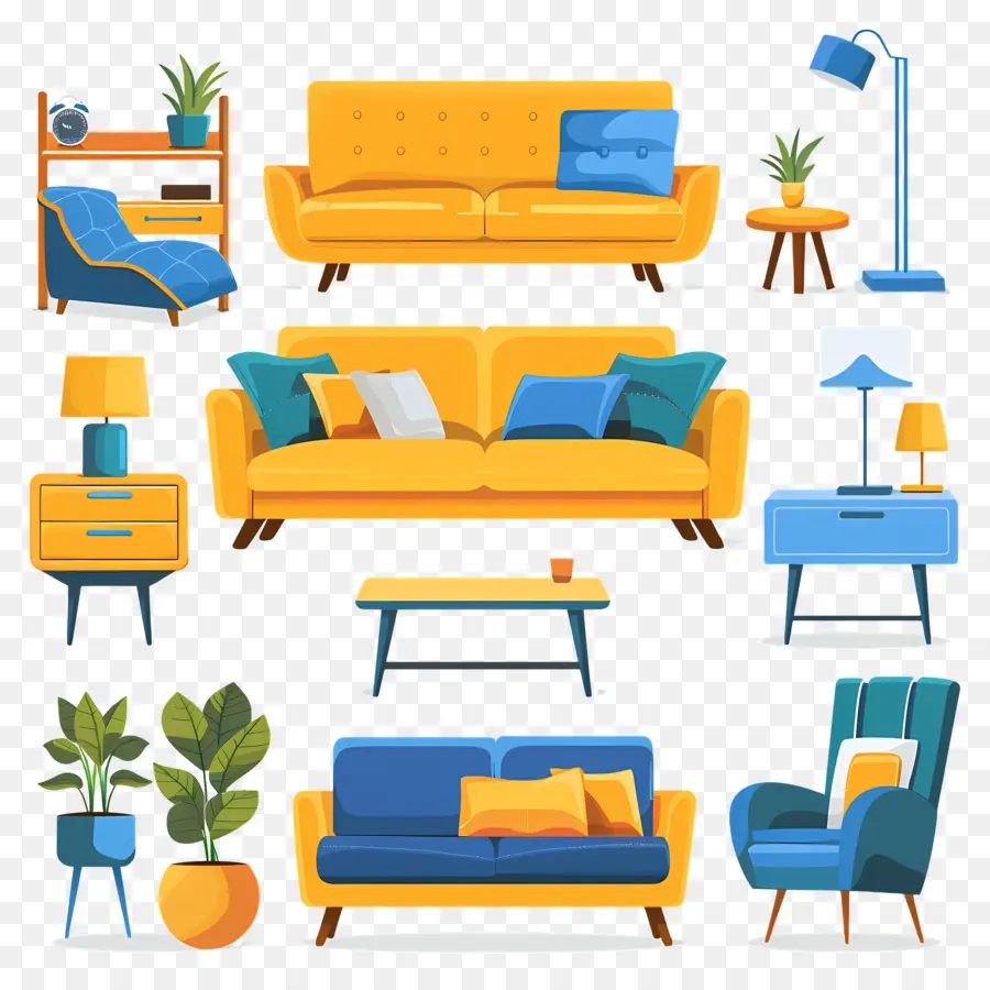 Đèn ghế nội thất nội thất phòng khách - Phòng màu vàng và màu xanh hiện đại với đồ nội thất
