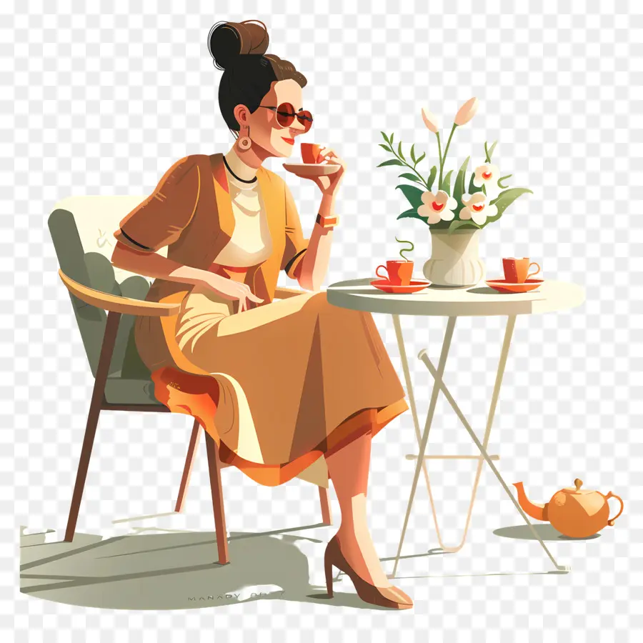 Domande da tè per il tè primaverile - Donna in occhiali da sole a tavola con tè