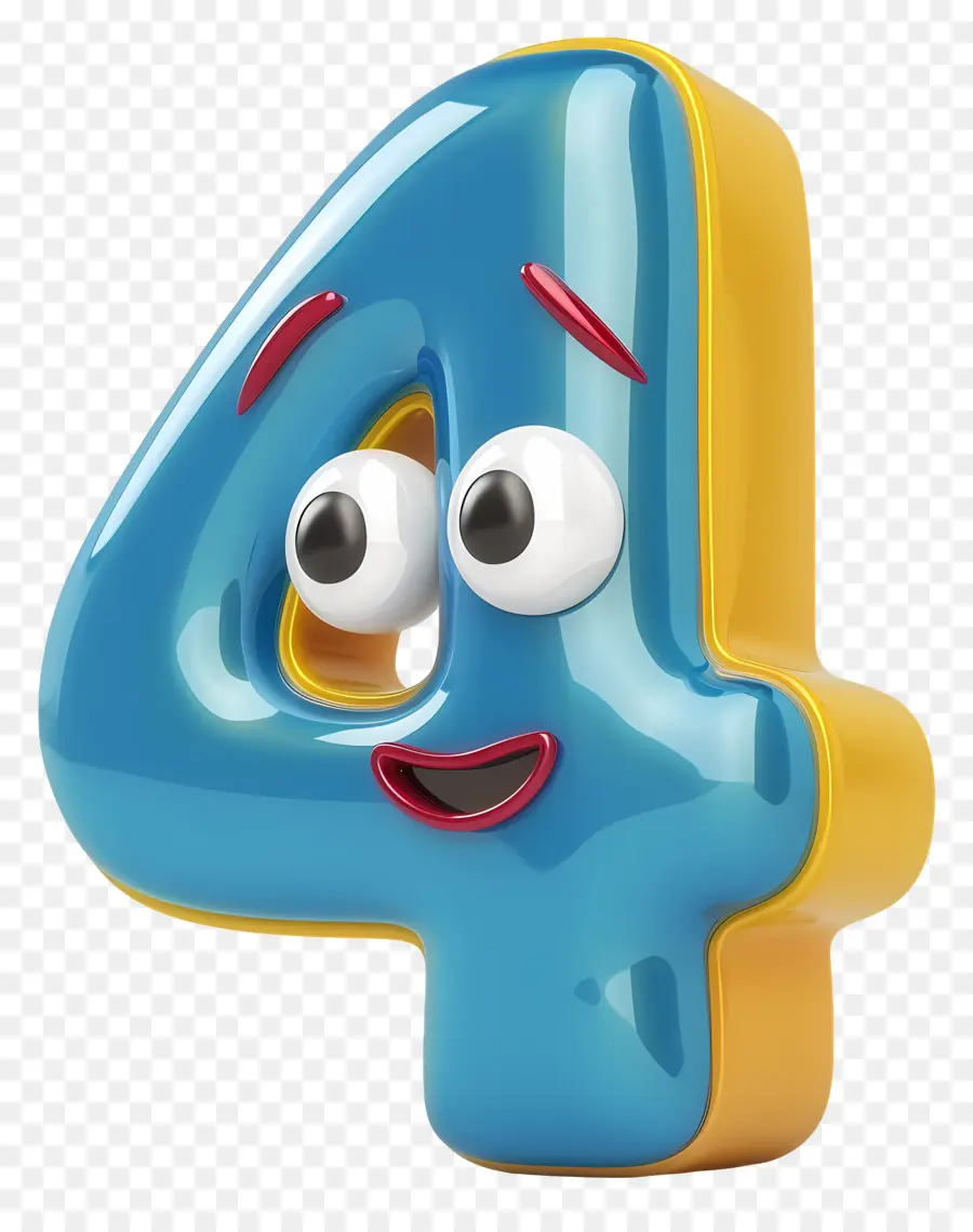 3D -Cartoon Nummer vier Cartoon Charakter Kinderbuch lächelndes Gesicht - Blau und gelb Happy Zahlencharakter