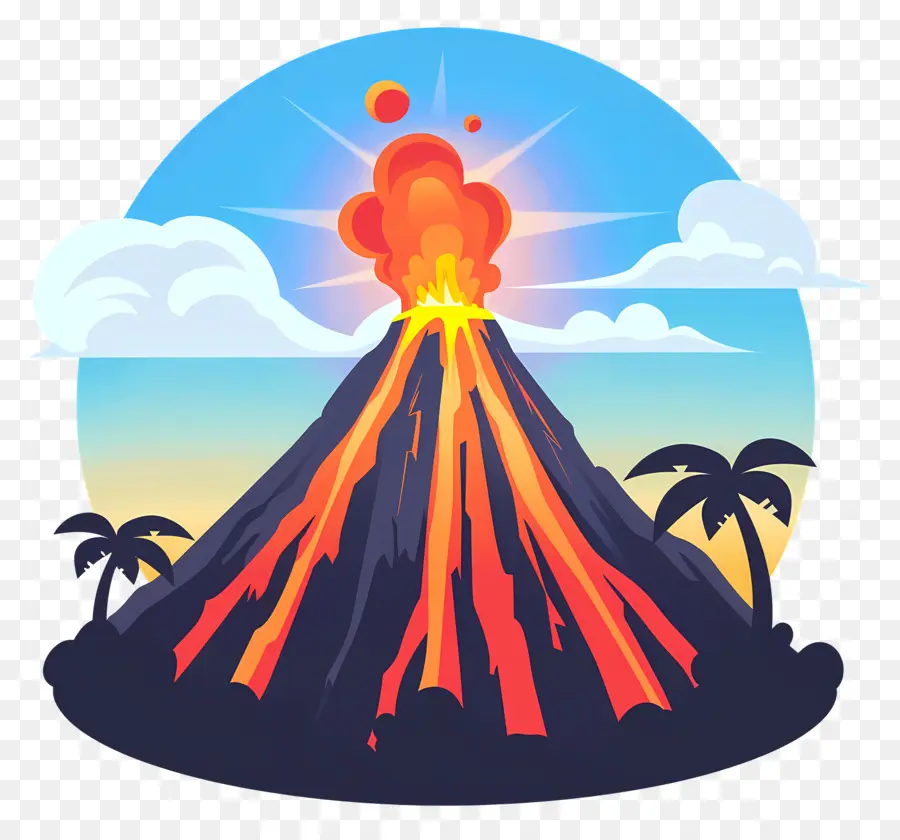 Palmen - Schwarz -Weiß -Vulkanlandschaft mit Flammen