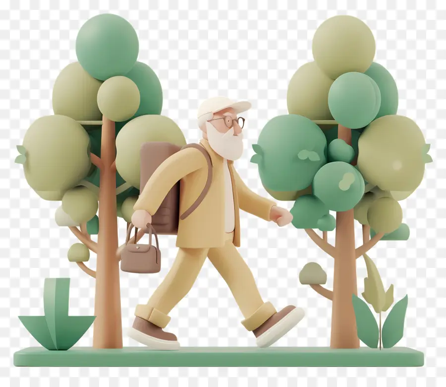 Senior Forest 3D Nature Digital Art - Uomo che cammina nella foresta con la borsa