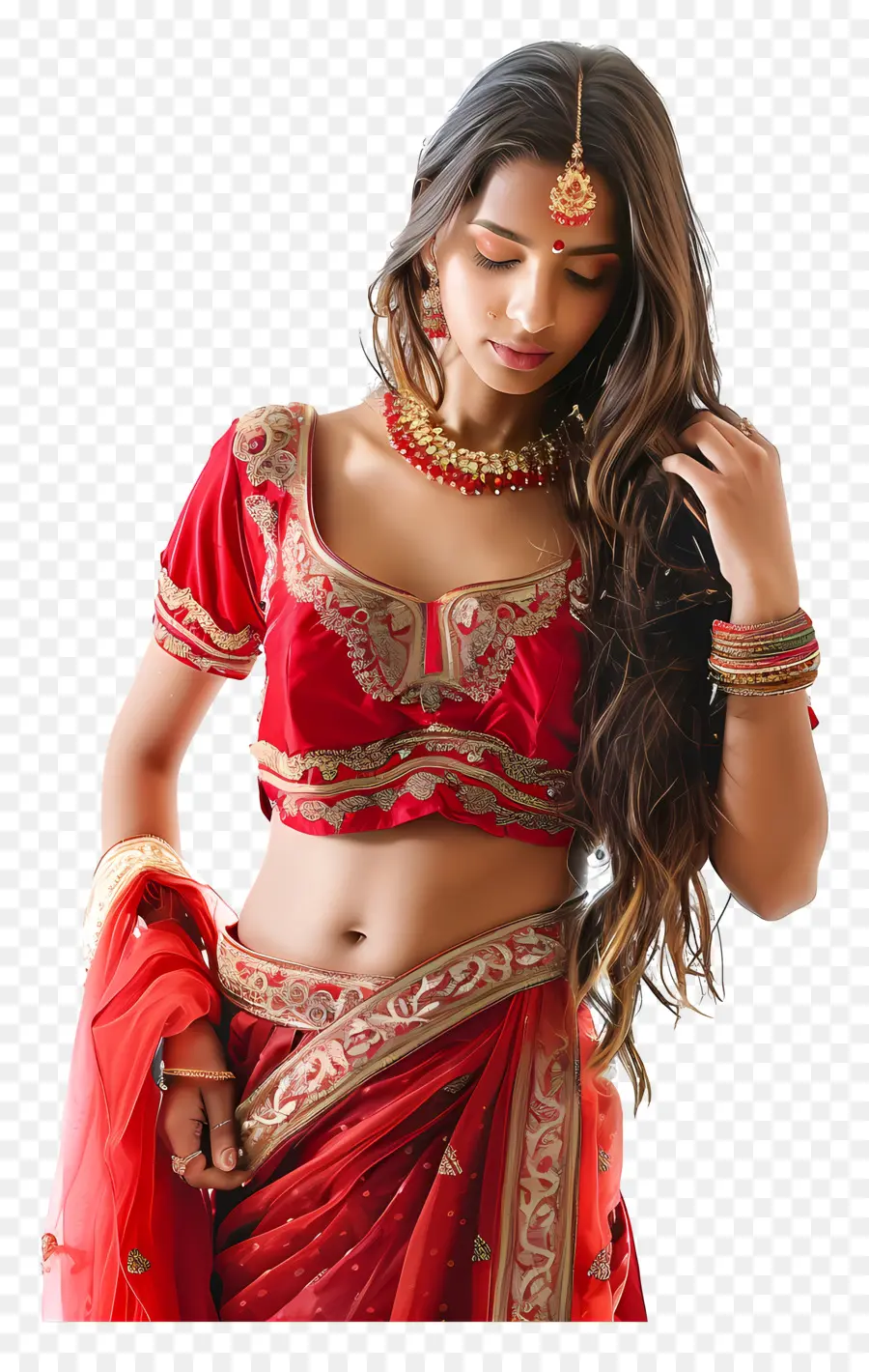 gold Grenze - Inderin in Rot und Gold Sari, elegant