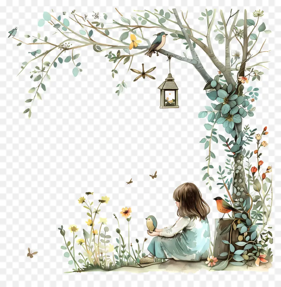 cô gái công viên thiên nhiên hoa chim hoa - Cô gái dưới gốc cây với nhà chim, hoa, bướm
