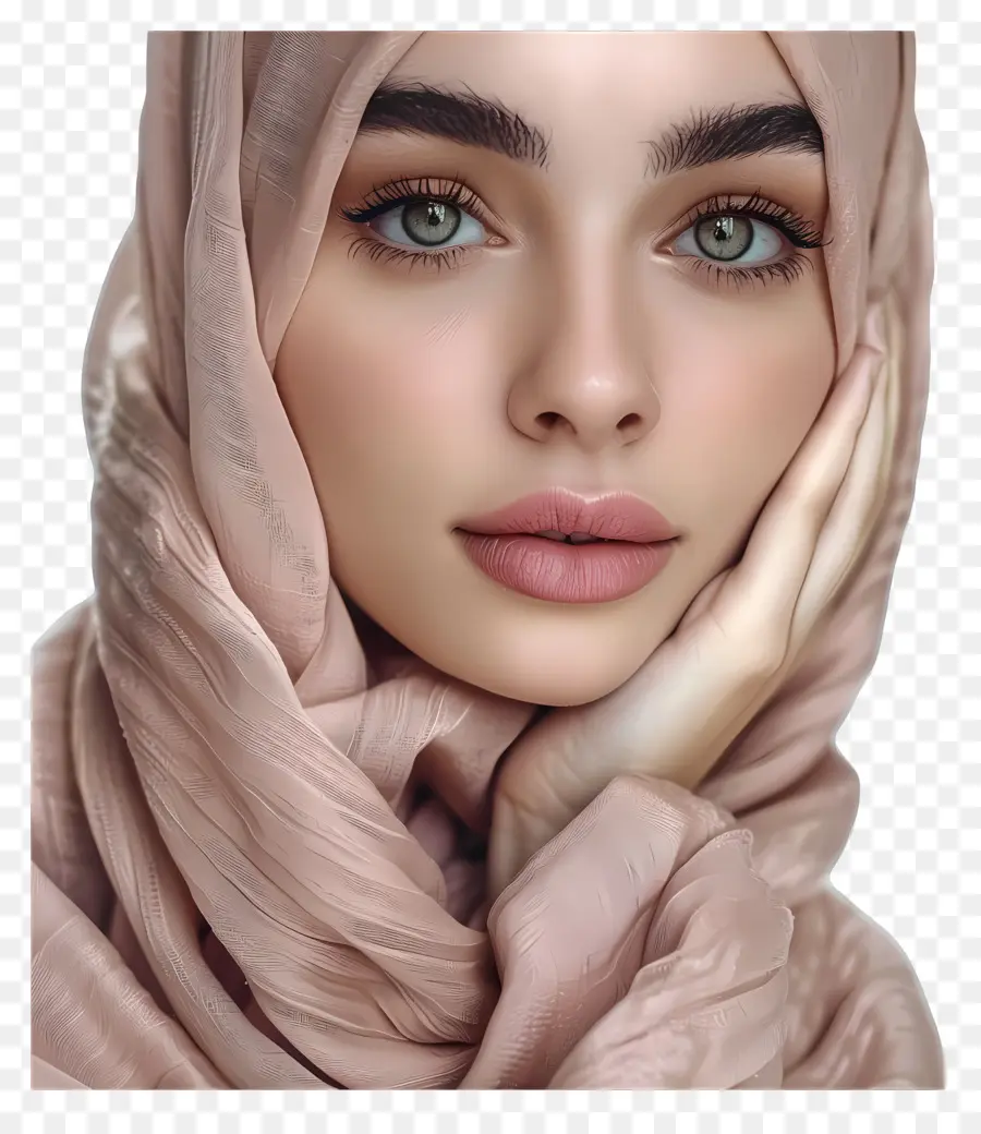 Hijab Frau Pink Hijab lange Wimpern grüne Augen Make -up - Frau in rosa Hijab mit grünen Augen