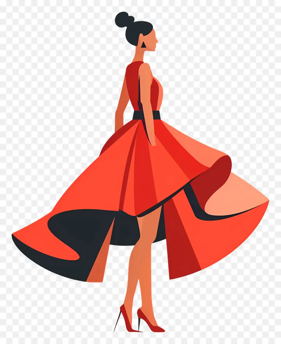 Ästhetisches Kleid elegantes rotes Kleid High Heels Mode Lebensstil - Frau im roten Kleid mit fließendem Rock