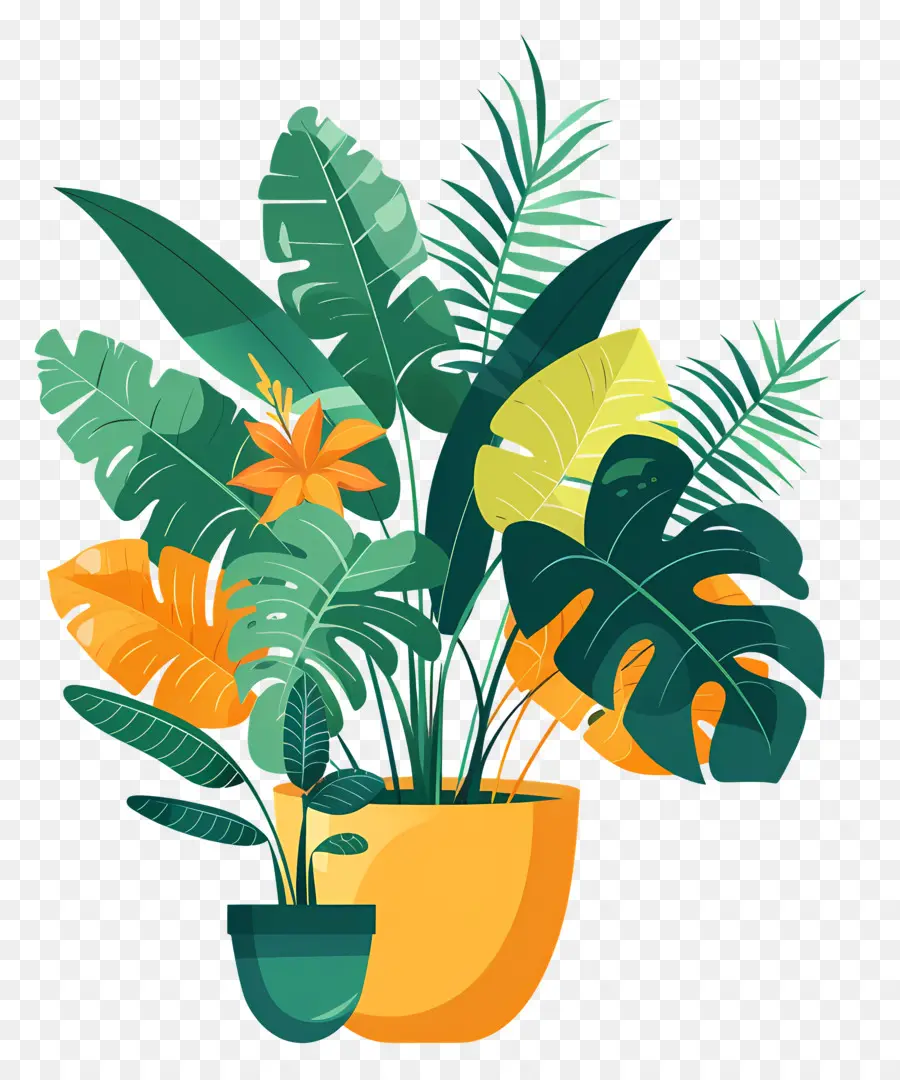 Tropische Blätter - Cartoon Tropical Topfpflanze mit kräftigen Farben
