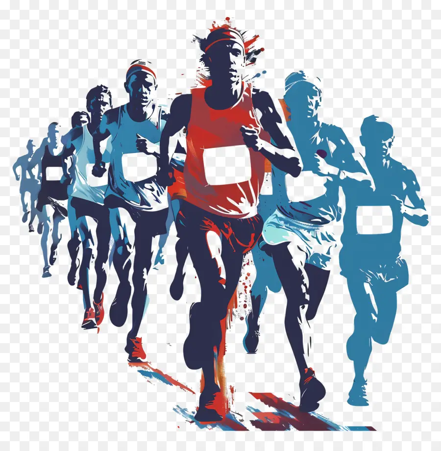Maratona che corre in corridori sfondo scuro camicie blu - Diversi gruppi di corridori si sono concentrati sulla corsa