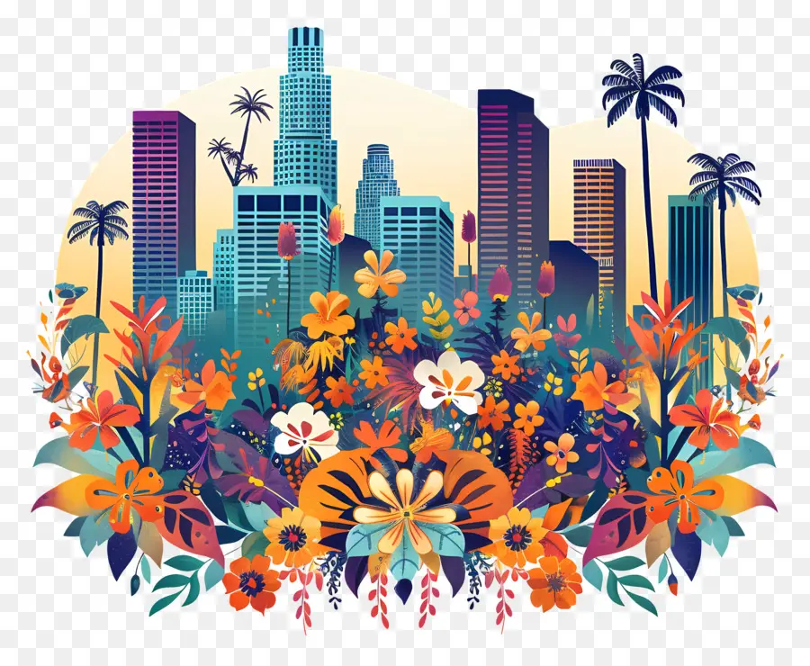 skyline della città - Skyline di città colorato circondato da piante floreali
