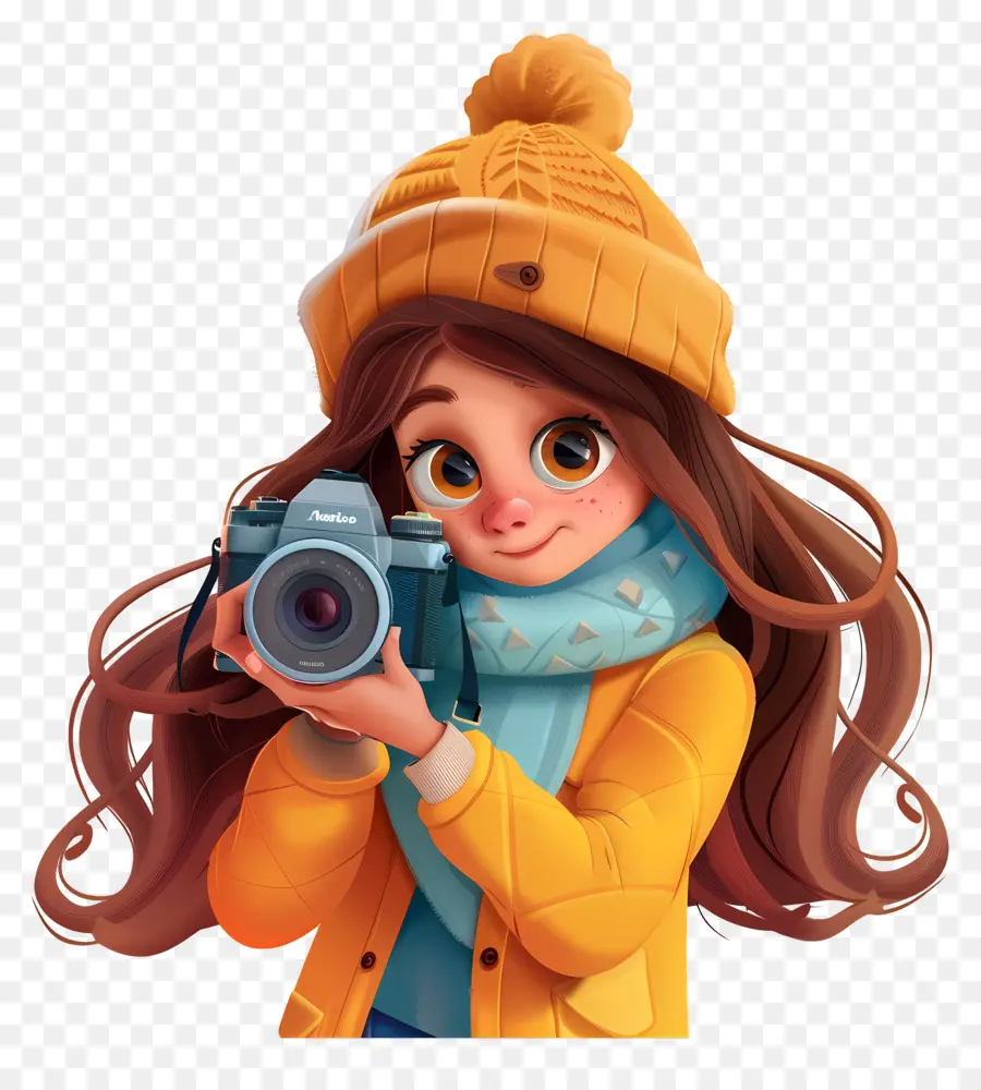 Fotos machen junge Frau Kamera gelbe Strickkappe weißer Pullover - Junge Frau in der gelben Mütze, die im Freien fotografiert