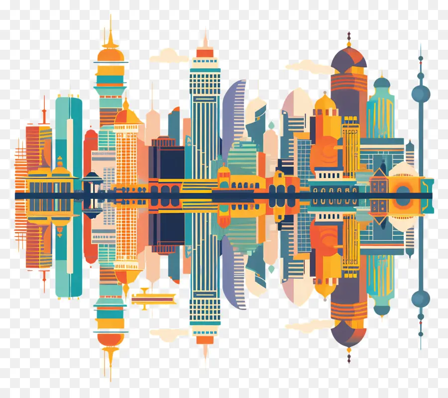 thành phố - Skyline thành phố đầy màu sắc với sự phản chiếu trong nước