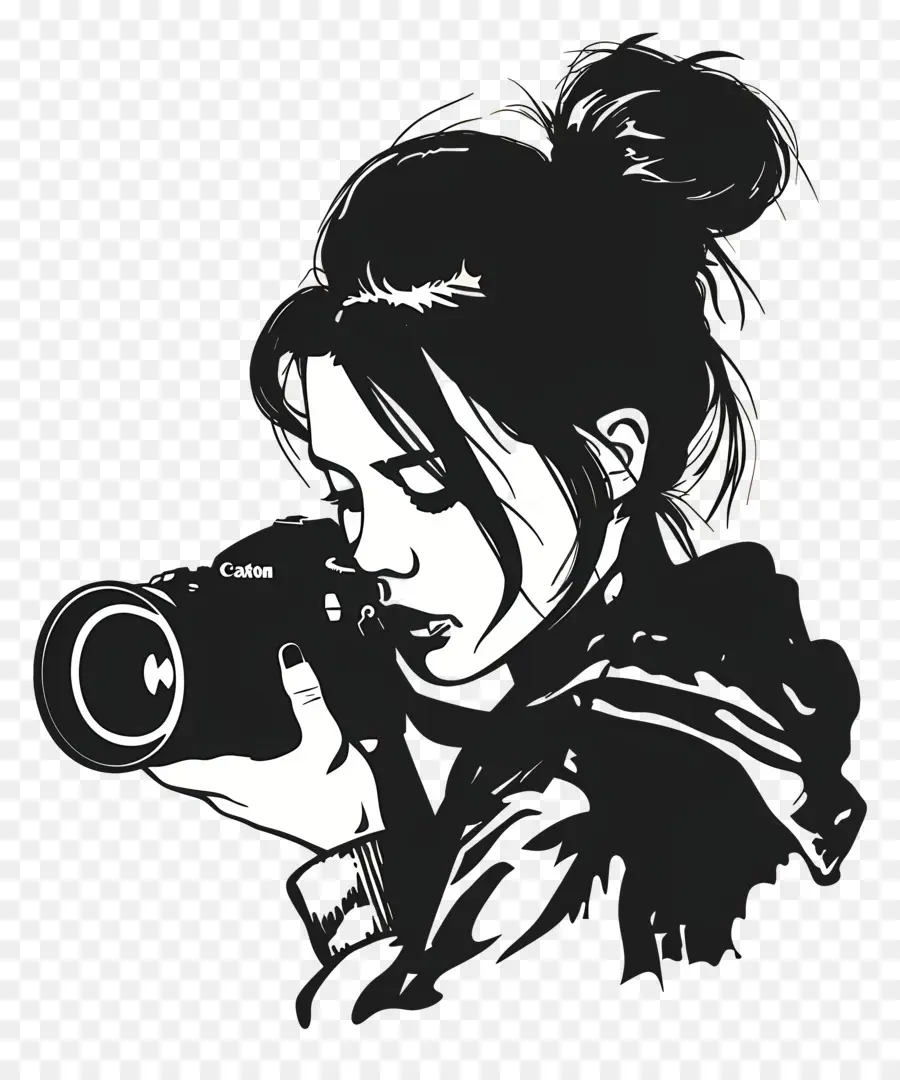 scattare foto per la telecamera giacca nera coda di cavallo edifici - Ragazza in giacca nera che scatta foto con fotocamera
