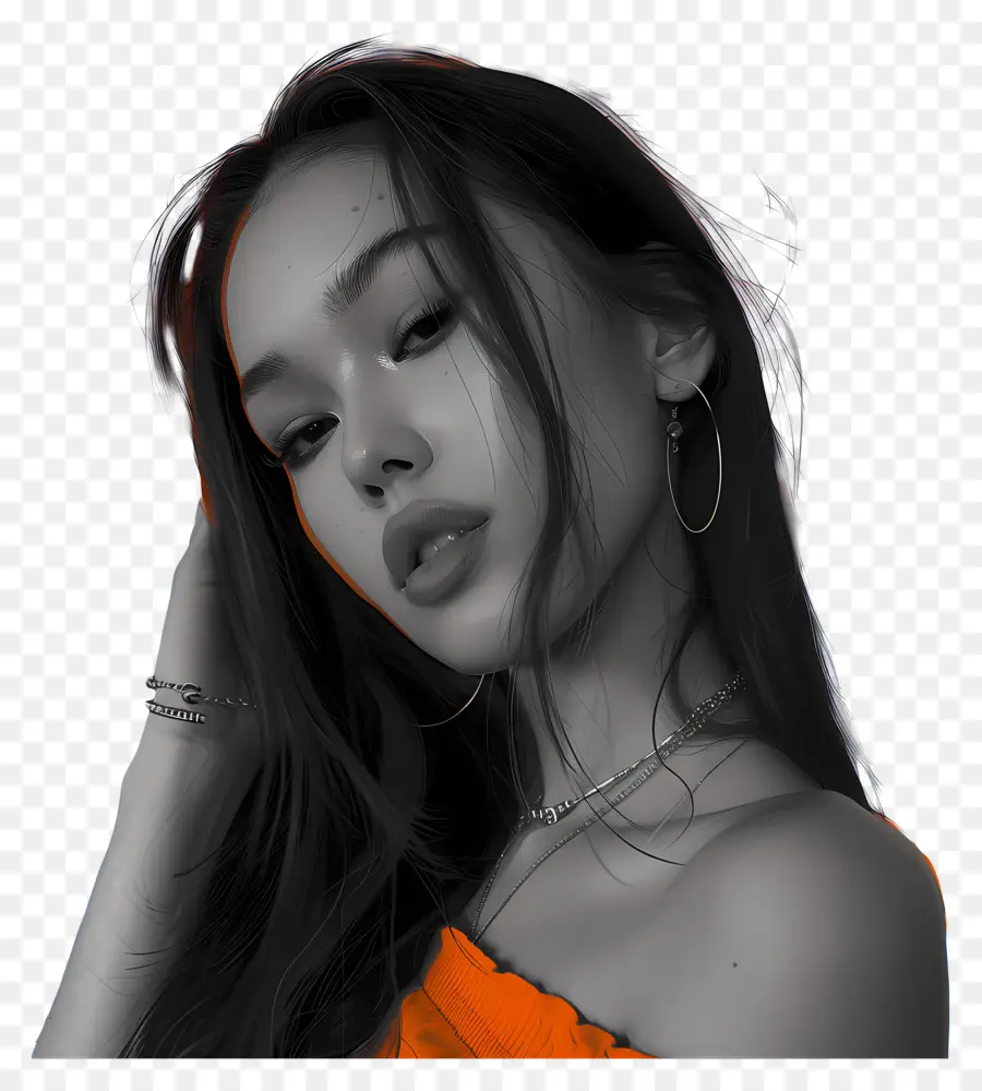 olivia rodrigo woman in orange dress pearl necklace long hair thoughtful expression
