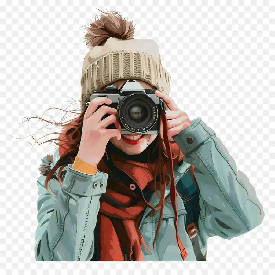 scattare foto woman fotocamera digitale tappo invernale invernale - Donna in abbigliamento invernale sorride, scatta foto