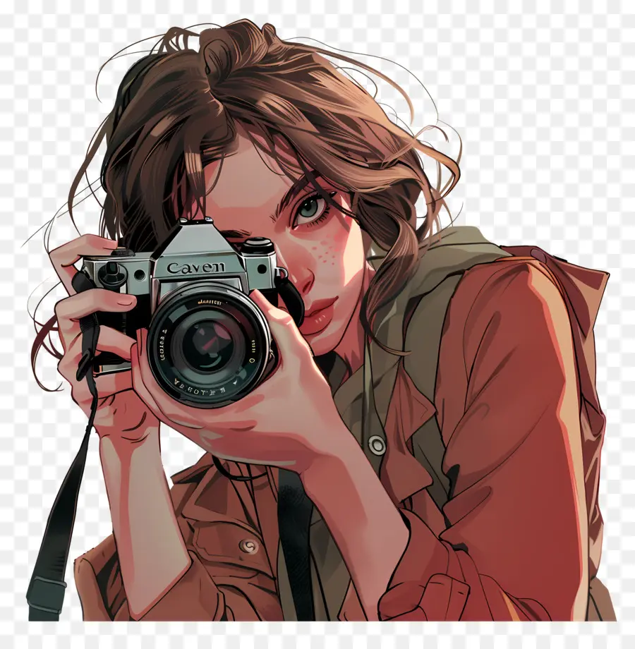 taking photos woman holding camera brown hair black jacket mysterious