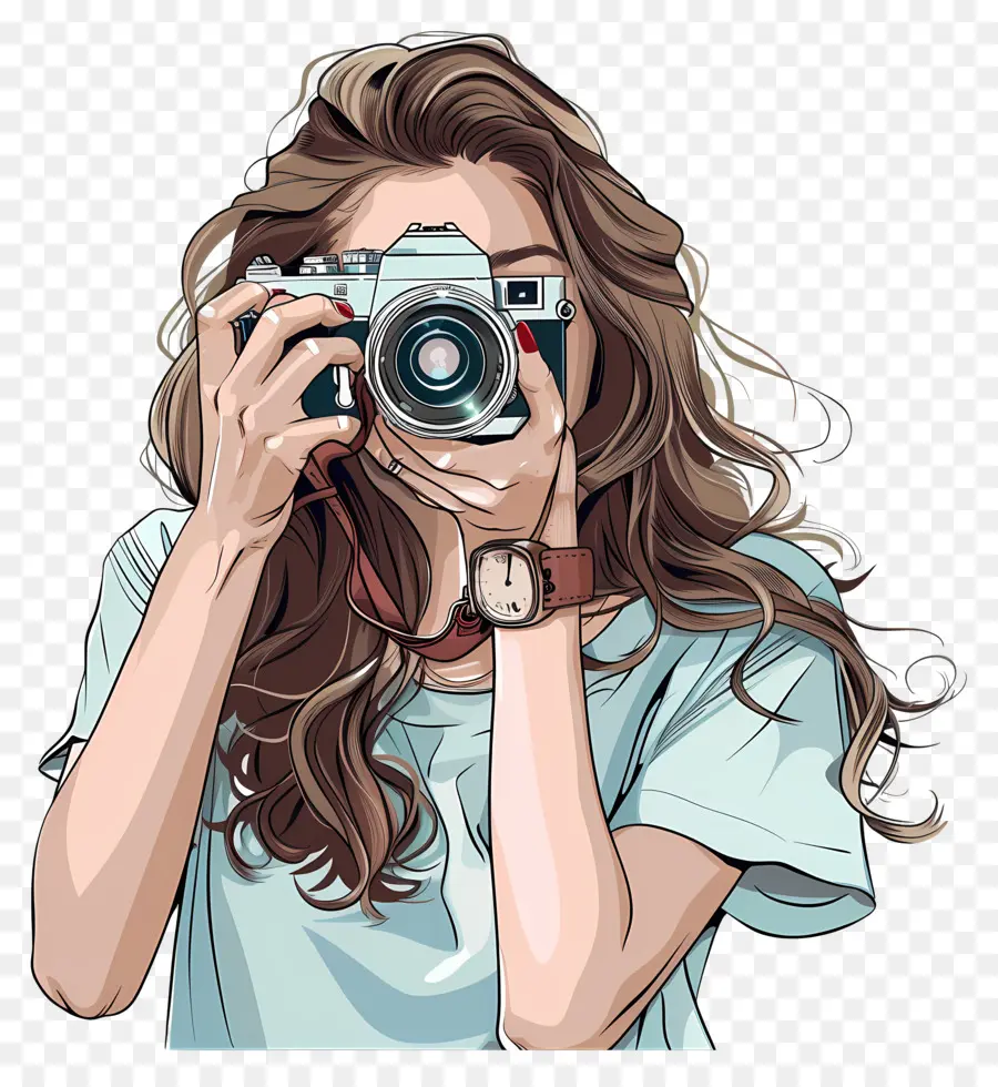 fotocamera vintage - Donna con telecamera, capelli lunghi, camicia blu