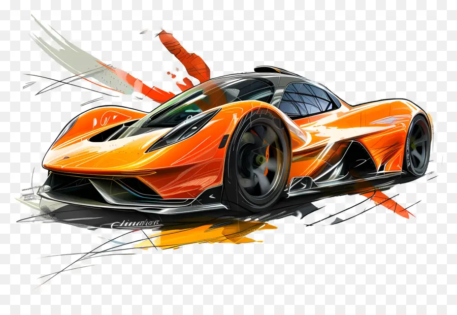 arancione - Auto sportiva arancione aggressiva con schizzi astratti