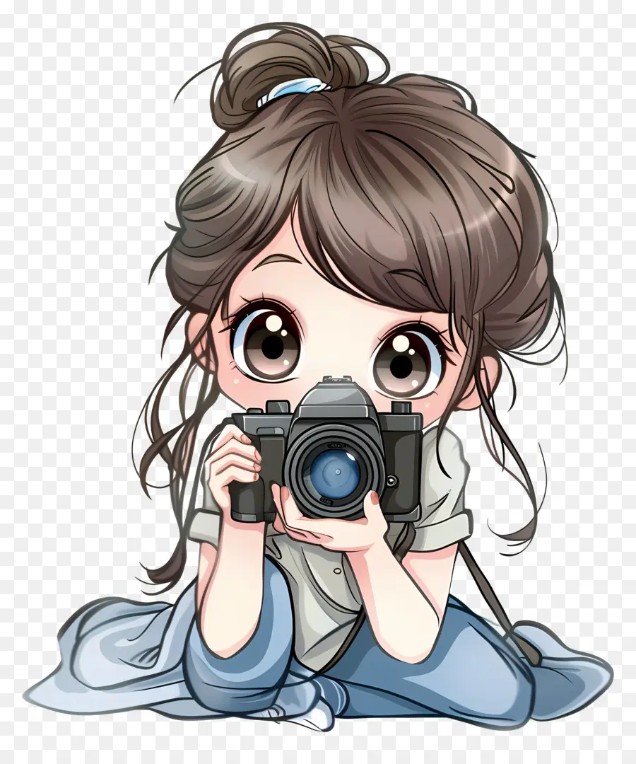 Chụp ảnh cô gái máy ảnh áo sơ mi màu xanh quần jean - Cô gái với máy ảnh, áo sơ mi xanh, tóc đuôi ngựa